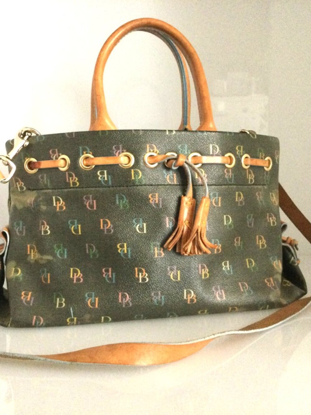 Dooney & Bourke Rainbow Monogram Brown Canvas Tassel Satchel Tote Bag